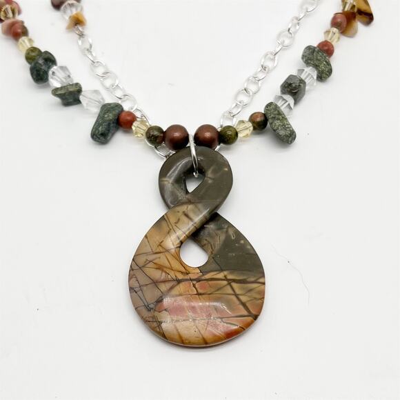 Handmade Double Strand Beaded Chain Necklace With Natural Pendant Hand Crafted - Picture 2 of 4